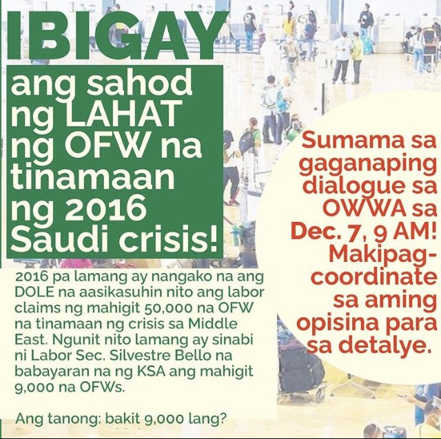 TINATAWAGAN ANG LAHAT NG MGA NAAPEKTUHAN NG 2016 SAUDI CRISIS! Magkakaroon po tayo ng dialogue sa OWWA hinggil sa ating mga nakabinbing labor claims sa Saudi. Makipagcoordinate sa aming hotline na +63 270924519 o kontakin kami sa aming page