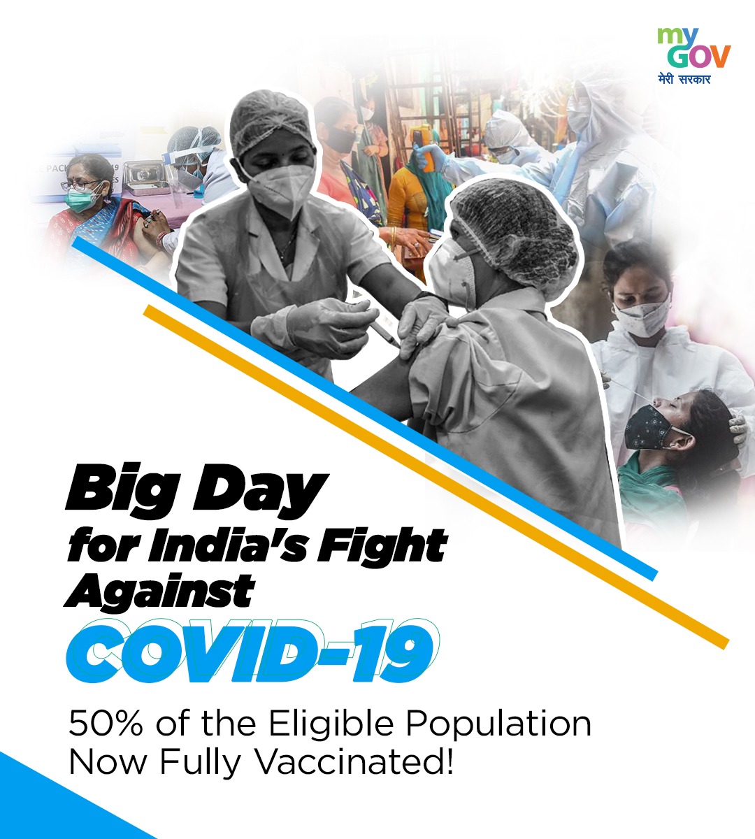 Congratulations India! 🇮🇳 

Over 50% of the eligible population now FULLY vaccinated! 

The sheer hard work of our doctors &amp; health workers is paying off. 

Together, let's defeat this virus! #IndiaFightsCorona