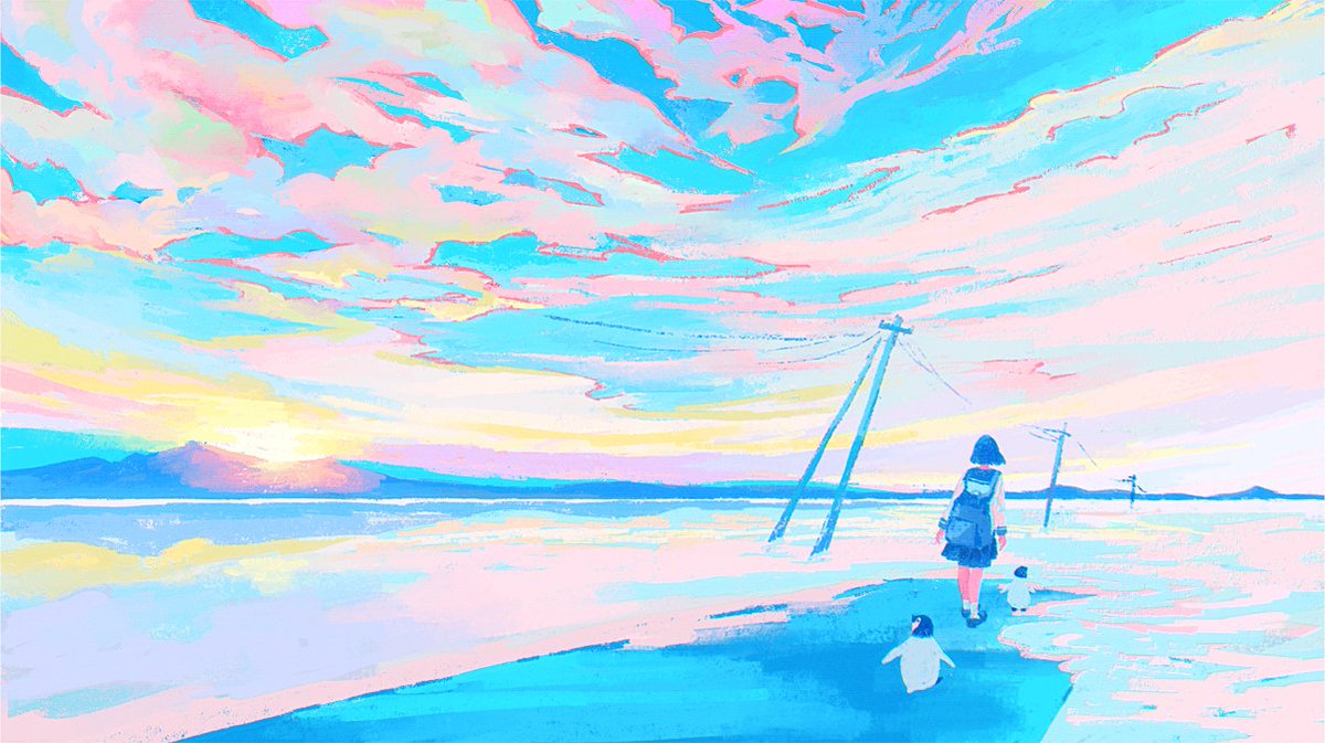 penguin 1girl cloud bird outdoors sky wide shot  illustration images