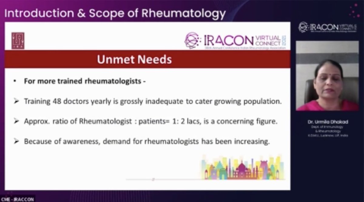 HUGE unmet need for #Rheumatology awareness, training and education in 🇮🇳 highlighted by Dr. Urmila Dhakad @2021Iracon #IRACON21

⚠️ India’s population is 1.3 Billion and there are only 48 Rheumatologists trained annually 

‼️ That is 1 Rheumatologist per 200,000 people !!