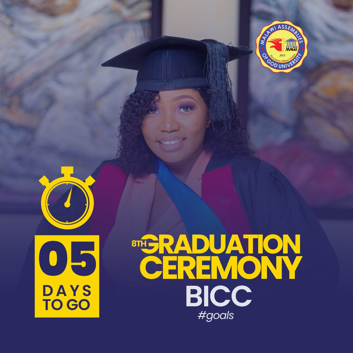 MAGUniversity's tweet photo. COUNT DOWN - 5 DAYS TO GO🔔🔔

MAGU's 8th CONGREGATION CEREMONY
BICC, Lilongwe https://t.co/ZVKSb8RukD