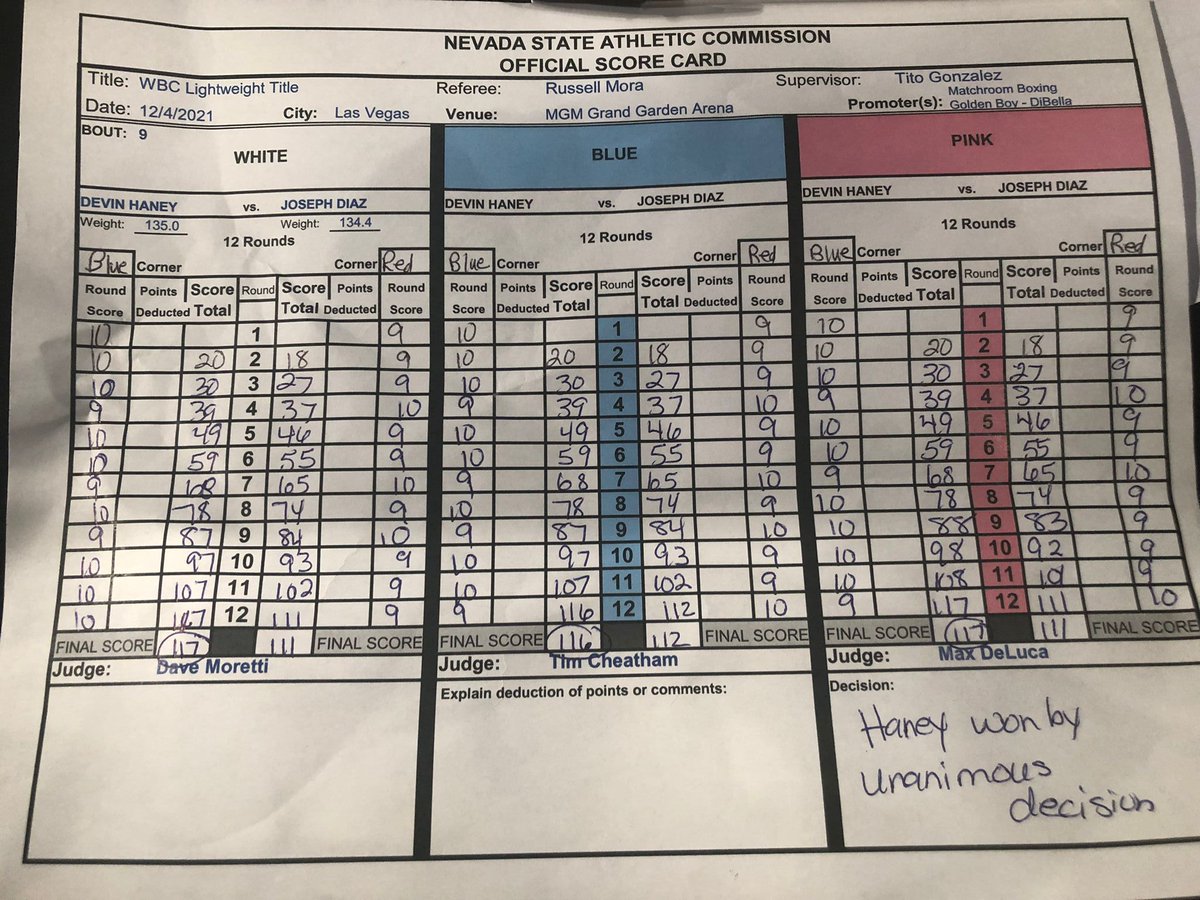 Official scorecards for #HaneyDiaz. Good job by judges, who were unanimous in ten of the 12 rounds.