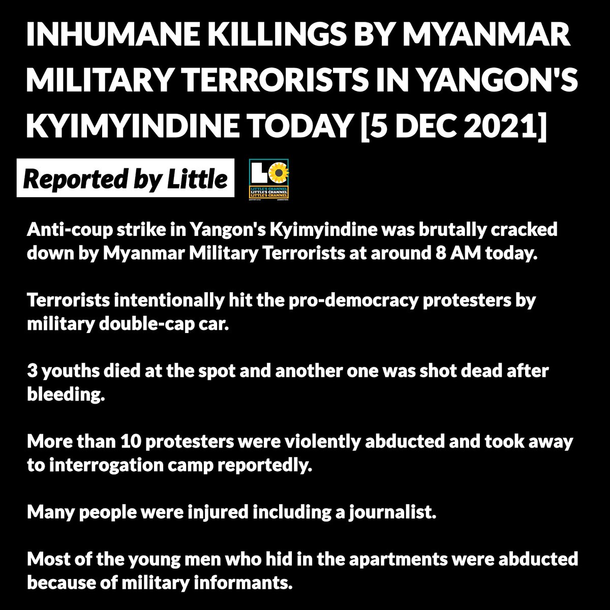 INHUMANE KILLINGS BY #MYANMARMILITARYTERRORISTS IN YANGON'S KYIMYINDINE TODAY [5 DEC 2021]  Reported by <a href="/ActivistLittle/">Little Activist</a>   #Dec5Coup #CrimesAgainstHumanity #WhatsHappeningInMyanmar