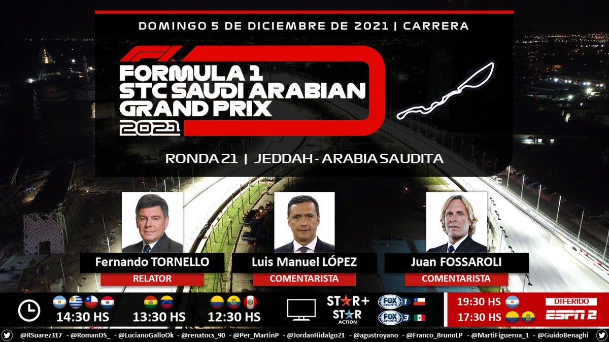 Puntaje_Ideal's tweet photo. 🏁 #F1 #SaudiArabianGP 🇸🇦 | Carrera
🎙 Relator: @F1Tornello
🎙 Comentaristas: @chacho_lml y @Gp1Fossaroli
📺 #FOXSports1 🇨🇱 // #FOXSports3 🇲🇽 // #STARAction Latinoamérica
💻📱 @StarPlusLA Sudamérica
🔴 DIFERIDO por #ESPN2 (19.30hs 🇦🇷)
🤳 #F1xESPN - #F1xFOX
Dale RT 🔃 https://t.co/M7aHuTmrUQ