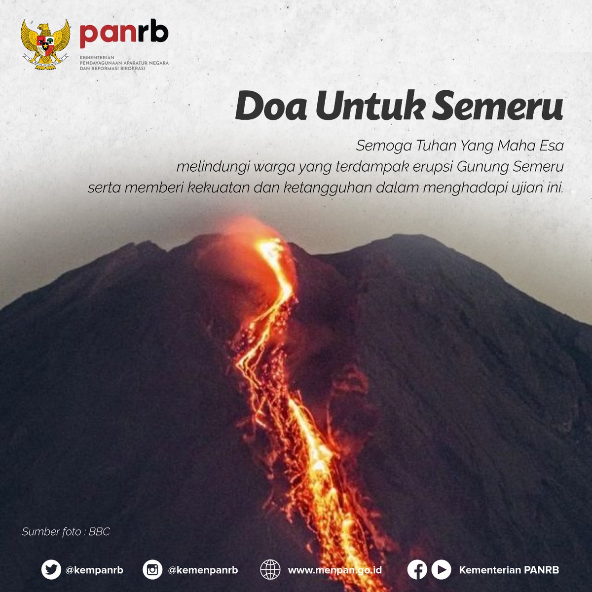 #RekanASN, mari sejenak kita panjatkan doa bagi saudara-saudara kita yang terdampak erupsi Gunung Semeru, Jawa Timur. Semoga Tuhan Yang Maha Esa, senantiasa memberi perlindungan.
__
#DoaUntukSemeru
#PrayforSemeru