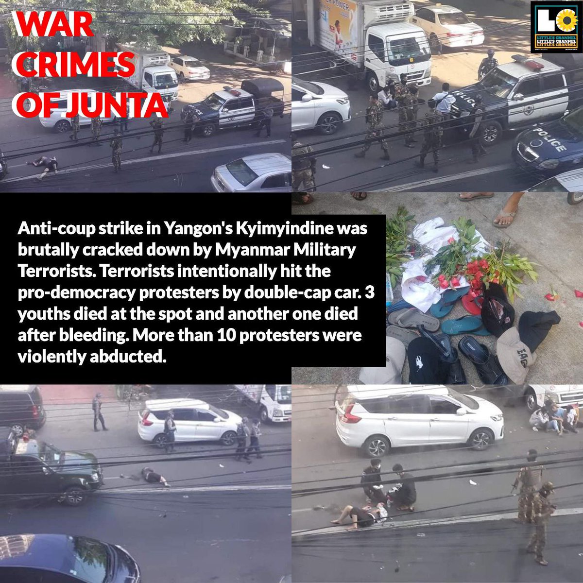 Anti-coup strike in Yangon's Kyimyindine was brutally cracked down by #MyanmarMilitaryTerrorists. They intentionally hit protesters with car. 3 youths died at the spot and another one died after bleeding. More than 10 protesters were abducted. #Dec5Coup