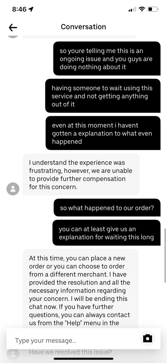hannahchow9's tweet photo. @UberEats why end the chat when my issue clearly has not been resolved? https://t.co/CoKlTrHReY