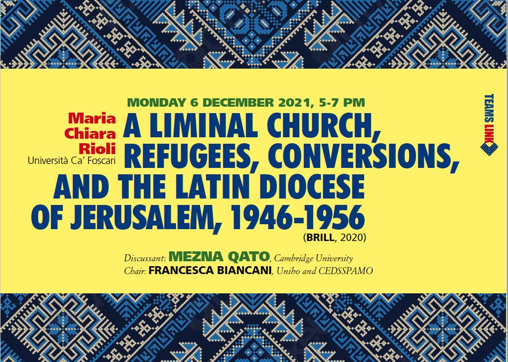 Open Jerusalem (@openjerusalem) on Twitter photo Tomorrow at 5PM (CET) don't miss the online book talk with <a href="/meznaqato/">Mezna Qato</a> (<a href="/Cambridge_Uni/">Cambridge University</a>) and Maria Chiara Rioli (<a href="/CaFoscari/">Unive Ca' Foscari</a>) about her book A Liminal Church: Refugees, Conversions and the Latin Diocese of Jerusalem (OJ @BrillPublishing series). Teams link: dsps.unibo.it/it/eventi/201c… Tomorrow at 5PM (CET) don't miss the online book talk with <a href="/meznaqato/">Mezna Qato</a> (<a href="/Cambridge_Uni/">Cambridge University</a>) and Maria Chiara Rioli (<a href="/CaFoscari/">Unive Ca' Foscari</a>) about her book A Liminal Church: Refugees, Conversions and the Latin Diocese of Jerusalem (OJ @BrillPublishing series). Teams link: dsps.unibo.it/it/eventi/201c…