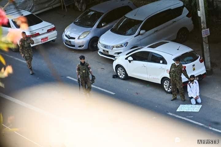 yaminsymo's tweet photo. The military junta hit Yangon young protesters ‘intentionally’ by car when rally goes on Yangon road this morning. This is one of the examples of how young protesters are killed brutally by military junta these days! 
#WhatsHappeningInMyanmar #Dec5Coup https://t.co/AJNYly9jOK