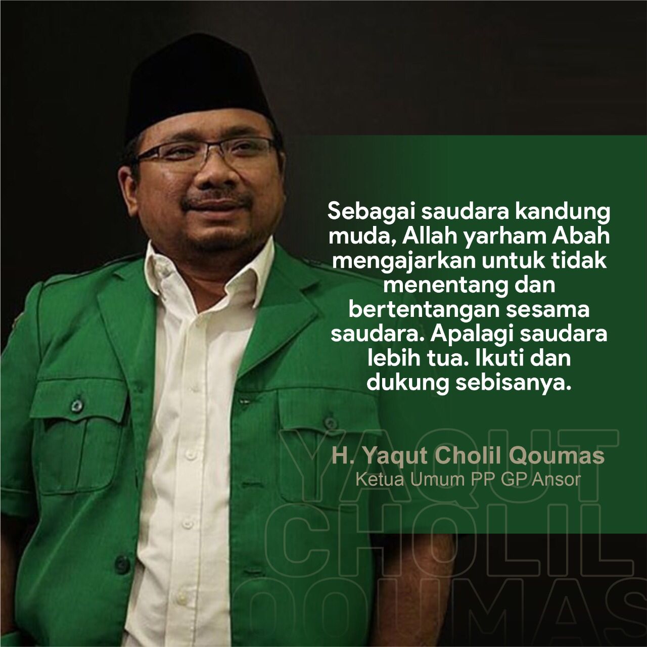 Yaqut Cholil Qoumas on X: "Sebagai Ketua Umum GP Ansor sikap saya atas pilihan di Muktamar NU 17-19 Desember 2021, sangat jelas, karena didasarkan pada keputusan Rakornas. Regenerasi mutlak dilakukan. https://t.co/gaj01Tnhm2" /