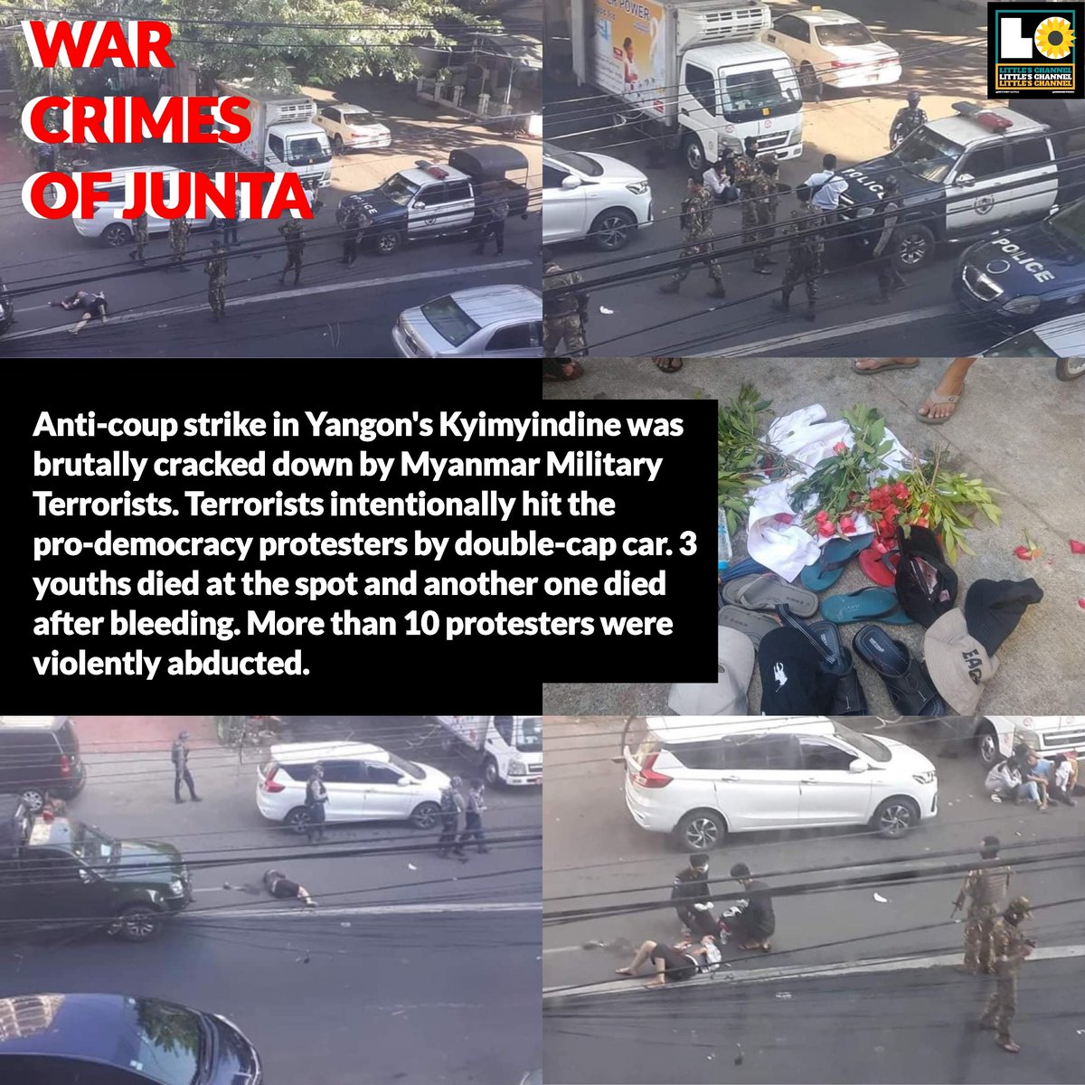 Anti-coup strike in Yangon's Kyimyindine was brutally cracked down by #MyanmarMilitaryTerrorists. They intentionally hit protesters with car. 3 youths died at the spot and another one died after bleeding. More than 10 protesters were abducted. #Dec5Coup
