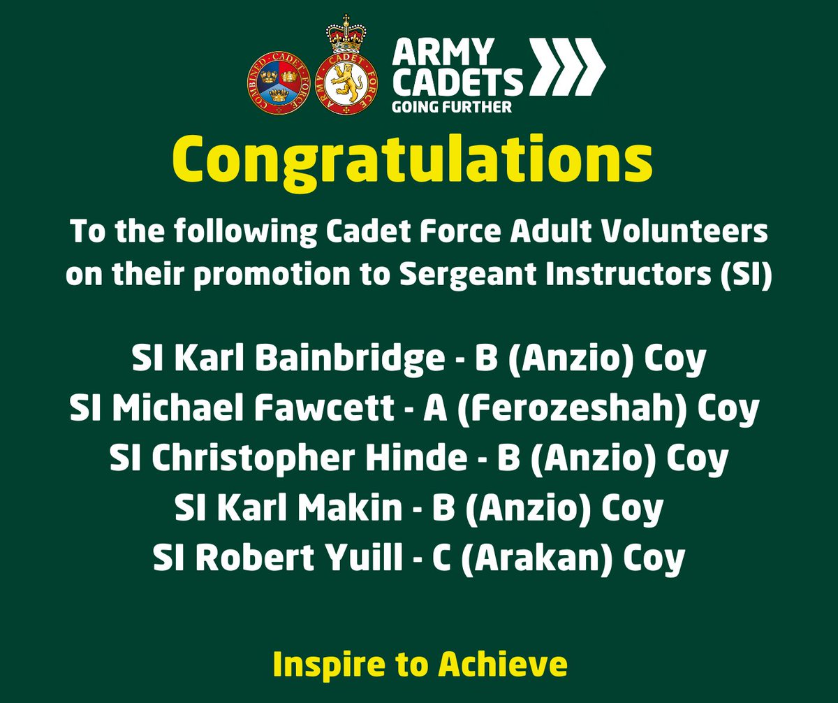 WiltsACF's tweet photo. On behalf of all at Wiltshire Army Cadet Force, we would like to congratulate the below CFAVs on their promotions to Sergeant Instructors (SI)
@A_Coy_WiltsACF @BCoyWilts @C_Coy_WiltsACF https://t.co/0kwoHxbARa