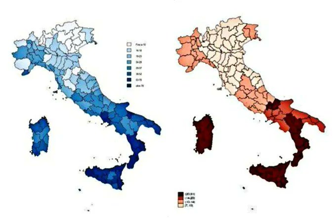 Luca_Gualtieri1's tweet photo. Sulla sinistra la ripartizione dei percettori di #redditodicittadinanza, sulla destra il tasso di lavoro in nero. https://t.co/kFaWokt4Kh
