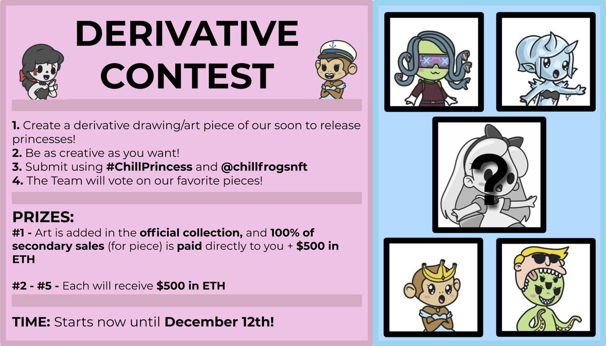 ‼️DERIVATIVE CONTEST ANNOUNCEMENT‼️

- We are hosting a derivative contest based on our upcoming princess drop!

- Prizes include: $2500 and a chance for your derivative to be included in the OFFICIAL COLLECTION!

- Read below for more info!