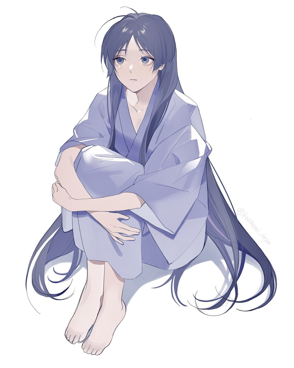 scaramouche (genshin impact) 1boy male focus long hair barefoot solo white background sitting  illustration images