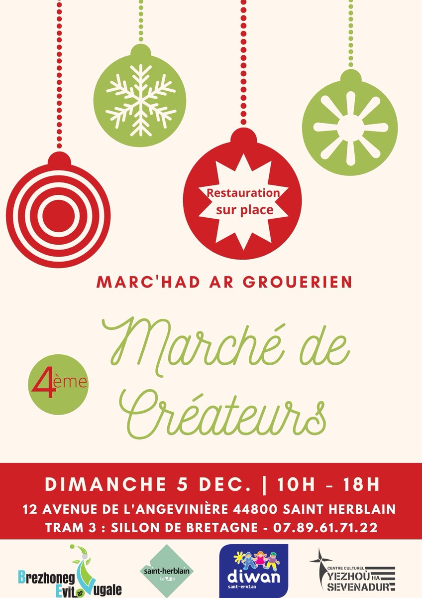 Notre marché de #Noël des Créateurs, c'est aujourd'hui dimanche 05/12 de 10h à 18h, au centre culturel Yezhoù Ha Sevenadur <a href="/Yezhou44/">Yezhoù ha Sevenadur</a> à Saint-Herblain @SHerblain 
Idéal pour trouver un #cadeau original, artisanal et local !
Les détails ici : diwan-santervlan.fr/marche-des-cre…