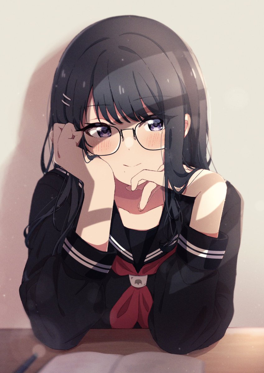 1girl solo school uniform glasses black hair mole under mouth serafuku  illustration images