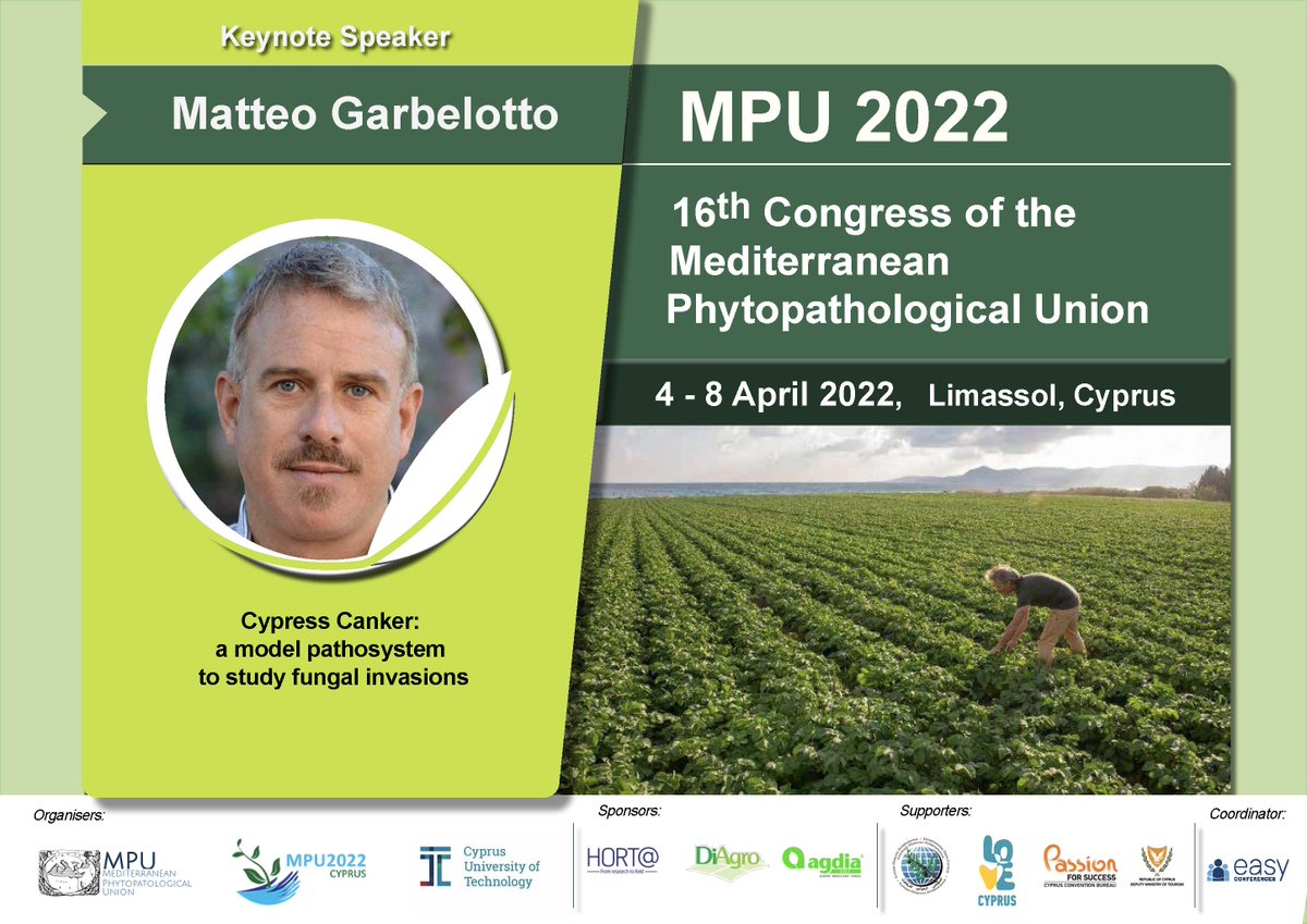 MedPhytopUnion's tweet photo. Prof Matteo Garbelotto will join the #MPU2022 #congress (https://t.co/6trE6xA3pt) in #Limassol, #Cyprus, April 4-8 with a keynote speech 
"#Cypress #Canker: a model #pathosystem to study #fungal invasions" Check his lab site https://t.co/kInv5rIgqQ Great science from UC #Berkeley https://t.co/oucXptwuPQ