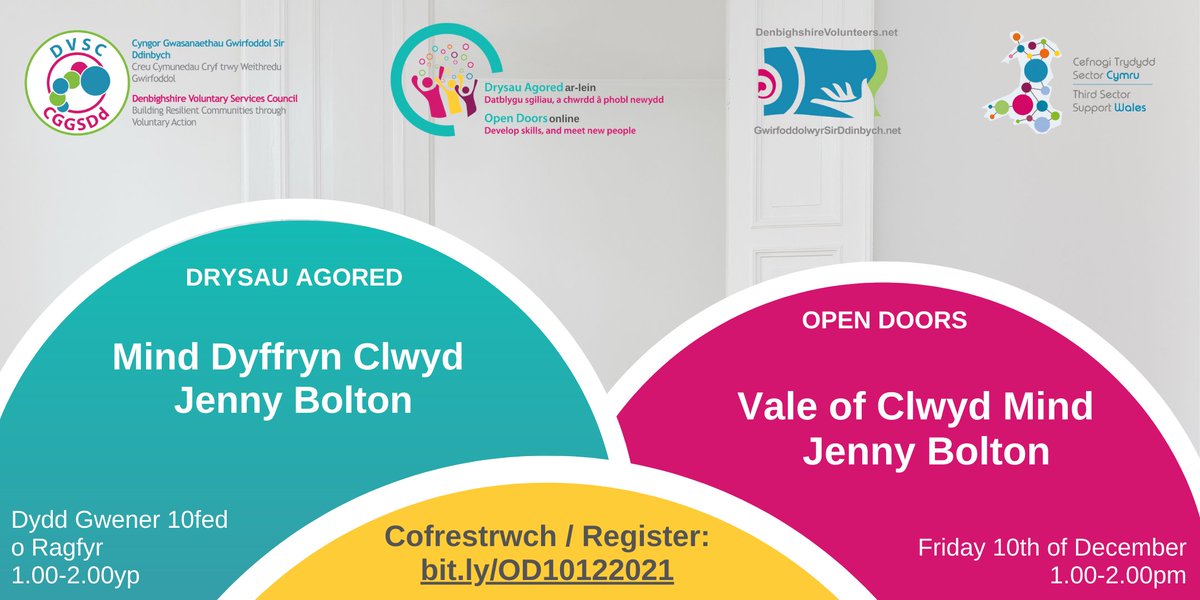 Open Doors next Friday!

Join us for an interesting session with Jenny Bolton from Vale of Clwyd Mind.

Friday 10th of December at 1.00pm.

Book now: https://t.co/GGKsEz2T52 https://t.co/dlrnxxSXDT
