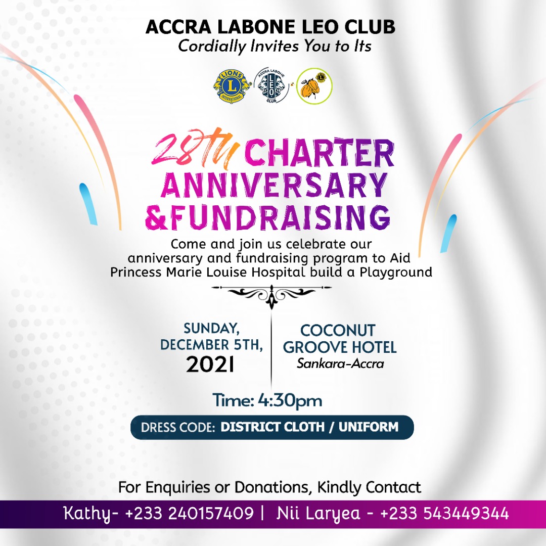accralaboneleos's tweet photo. We would like to have the pleasure of your company at our Charter Anniversary and Fundraising today at 4:30pm at Coconut Grove Hotel.
#LaboneLeos
#internationalLeoDay https://t.co/cFwLm8jU9f