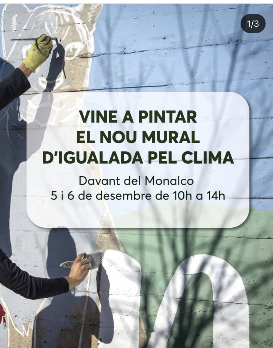 PelClima's tweet photo. ⚠️ Vols venir a pintar el nou mural? 

➡️ Diumenge 5 i dilluns 6 de desembre 📆
🕙 De 10 del matí a 2 del migdia
📍 Davant de l'escola Monalco

👉🏽 No cal saber pintar, serà molt fàcil 👩🏽‍🎨👨🏻‍🎨
👉🏽 Porta roba per embrutar
👉🏽 Per a totes les edats https://t.co/UrOBeho2wW