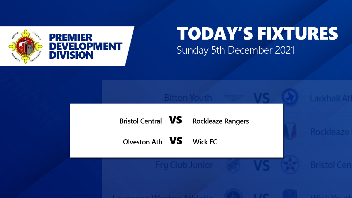 Today's Fixtures - Matchweek 12 
#BFCLdev 
<a href="/Bristol_central/">Bristol Central FC</a> @rockleaze <a href="/OlvestonFC/">Olveston United FC</a> <a href="/Wickfc18s/">WickFC 18s</a> <a href="/wickowls/">Wick FC</a> <a href="/swsportsnews/">South West Sports News</a> <a href="/bsoccerworld/">Bristol Soccerworld</a>
