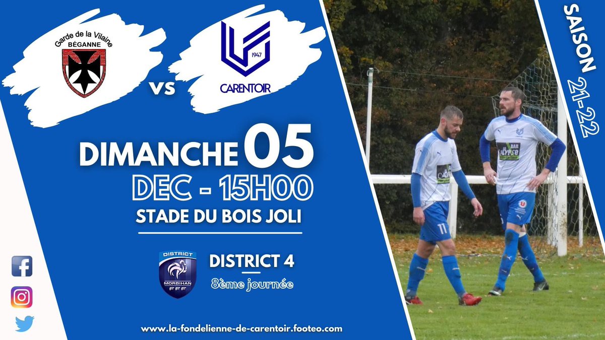 𝘑𝘰𝘶𝘳 𝘥𝘦 𝙈𝘼𝙏𝘾𝙃𝙎 ⚽️

🏆 𝙲𝚑𝚊𝚖𝚙𝚒𝚘𝚗𝚗𝚊𝚝 𝙳𝟷
🆚 Campéniac/Angau 
🏟 Stade Pierre 
🕒 15h00

🏆 𝙲𝚑𝚊𝚖𝚙𝚒𝚘𝚗𝚗𝚊𝚝 𝙳𝟸
🆚 Quelneuc
🏟  Stade du Bois Pierre 
🕒 15h00

🏆 𝙲𝚑𝚊𝚖𝚙𝚒𝚘𝚗𝚗𝚊𝚝 𝙳𝟹
🆚 Béganne
🏟 Stade du Bois Joli
🕒 15h00