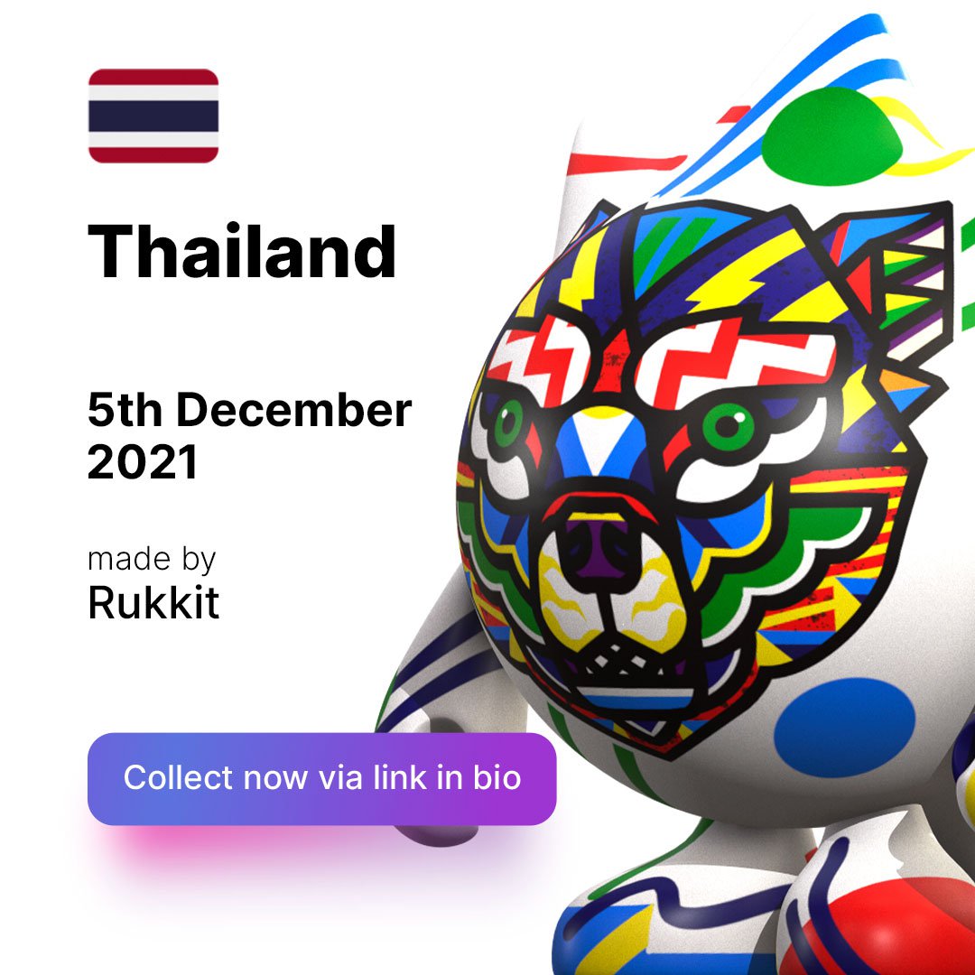 rtoysapp's tweet photo. Hey, Chiko is on the line! Today I am in South Asia, in Thailand @Expo2020Thai 🇹🇭. Souvenir's designer @Rukkit was inspired by the traditional Thai patterns.  #chikoroko #expotoken #Expo2020 #Thailand #expo2020dubai #NFTs #NFTcommunity #nftcollector #artoys #designtoys. https://t.co/lxA6gPjbE9