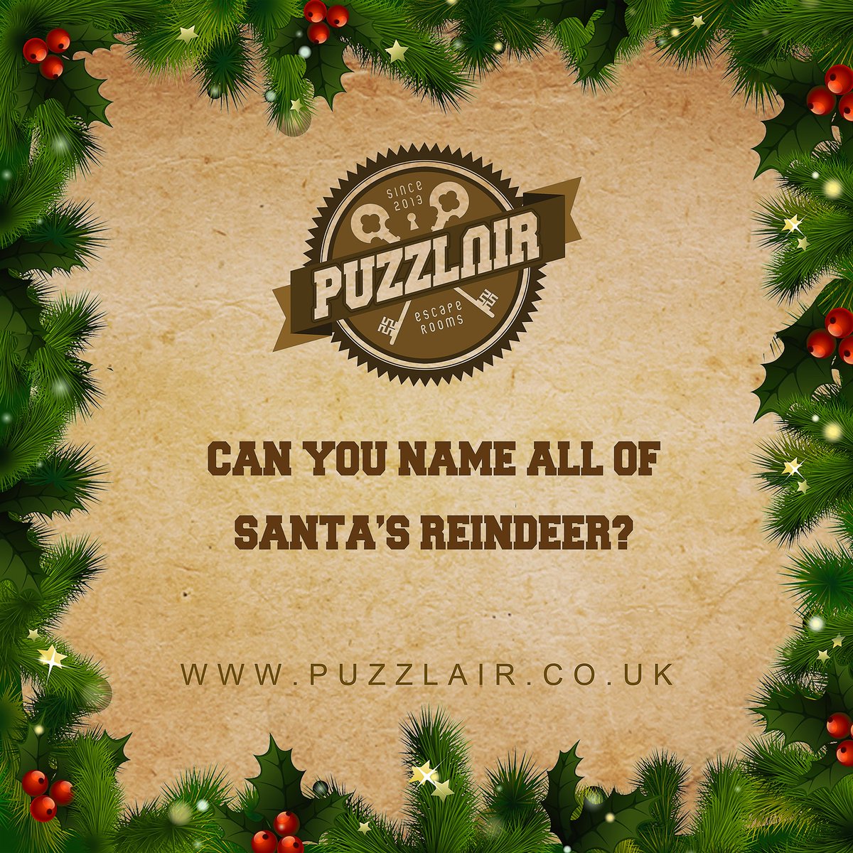 Can you name all of them? 🦌🎄

Book your game now at puzzlair.co.uk/escape-room-br…

#december #christmasgift #smallbusiness #christmascountdown #christmasspirit #newyear #christmaseve #shoplocal #happyholidays #christmasmood #holidayseason #christmasmagic #happynewyear #newyear
