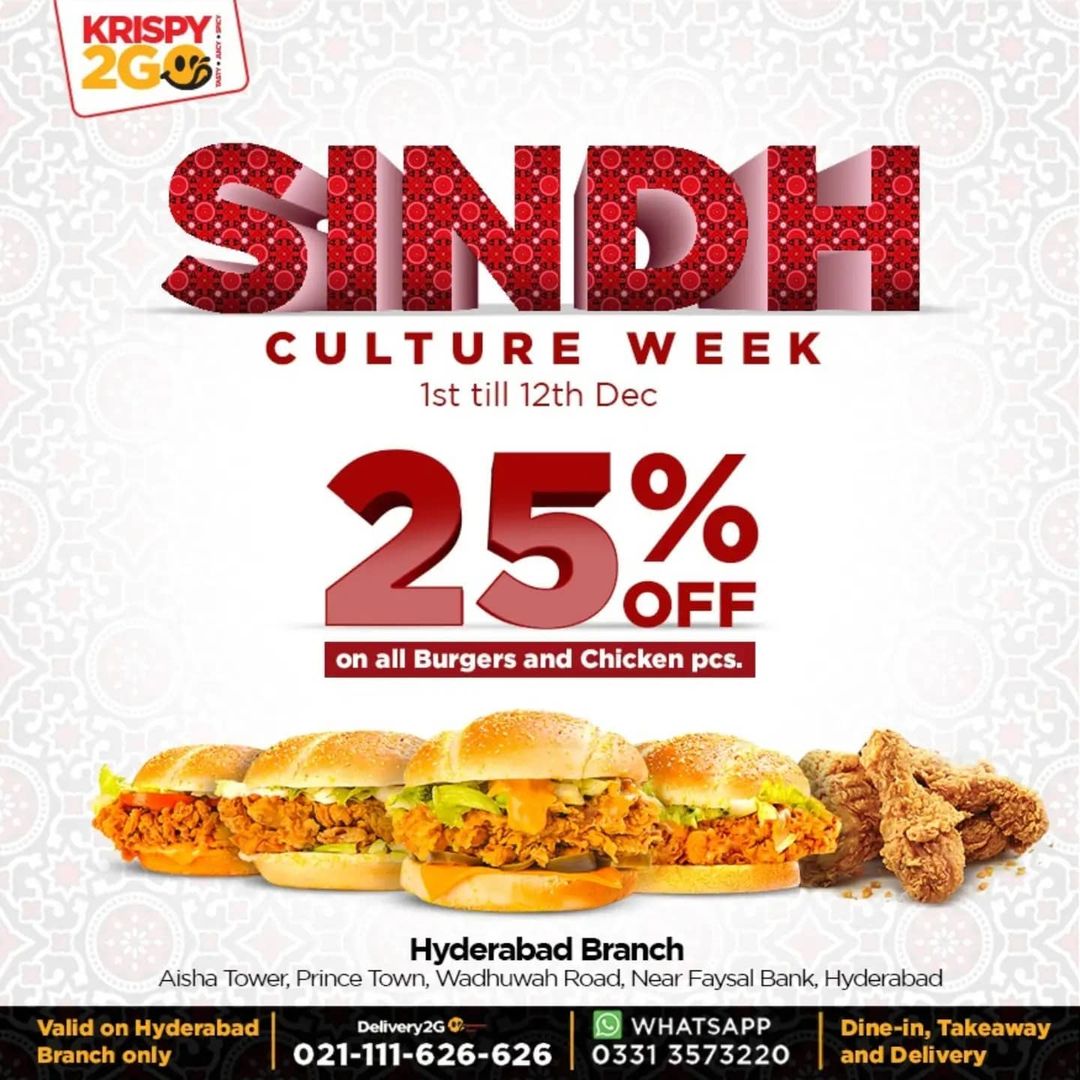 Krispy2Go's tweet photo. Enjoy Sindh cultural week till 1st Dec and get 25% off on all burgers and chicken pieces.
For delivery: 📞021111626626
WhatsApp: 0331 3573220
#krispy2go #krispy #krunchy #karachi #cheeseburger #foodphotography #burgerlove #delivery #fastfood #burger #delicious #burgerlove https://t.co/0jXK4y9MsP