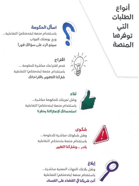 إذا كان لديك طلب (سؤال، اقتراح، ثناء، شكوى، إبلاغ) حول الخدمات الحكومية بإمكانك إرساله عبر (منصة بخدمتكم) للجهة الحكومية المختصة.
تعمل هذه الجهات ومن خلال ضباط ارتباط المنصة على متابعة طلباتكم والرّد عليها كلٌ حسب قطاعه ضمن أطر زمنية محددة. 
إحنا بخدمتكم.. لأنه واجبنا
#بخدمتكم