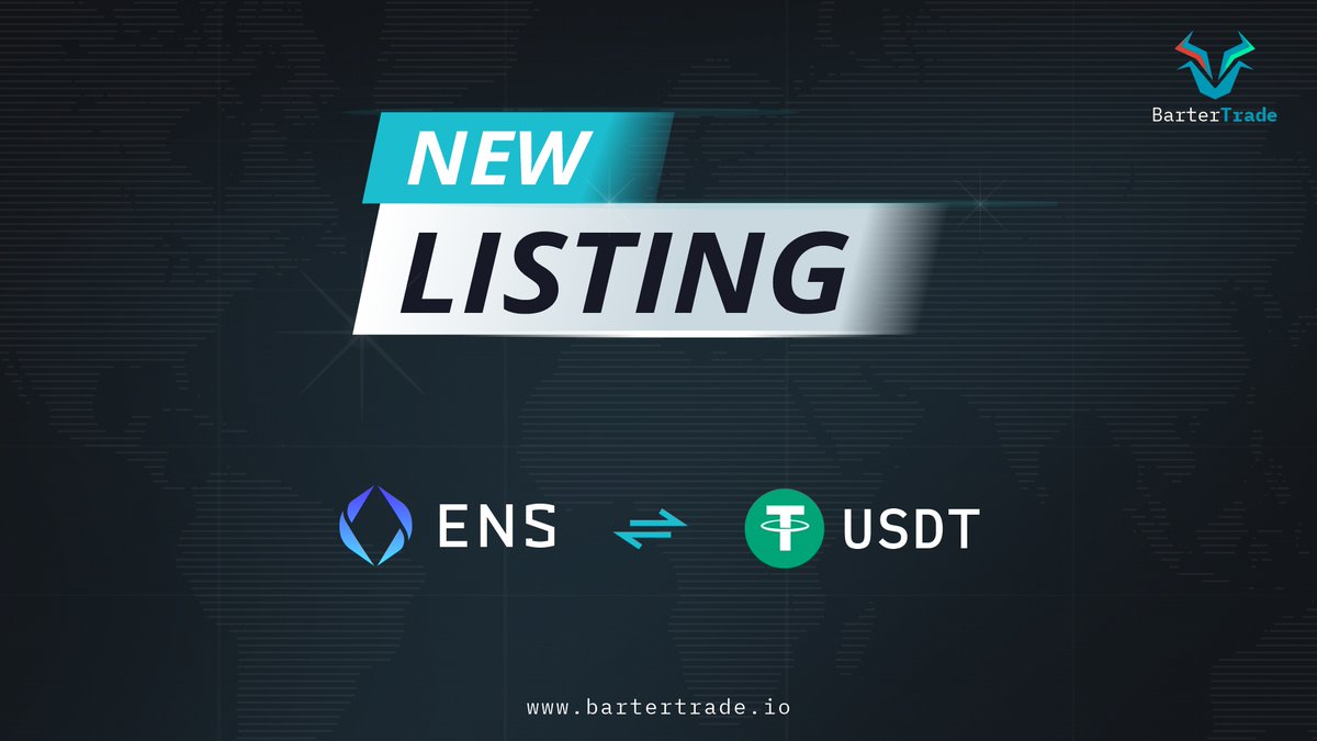 BarterTrade will list @ensdomains Token under the trading pair of ENS/USDT on December 5, 2021. Deposit opens: Already Open Trading starts: December 6, 2021 at 16:00 UTC Get ready to trade $ENS with 0-fee for one week.