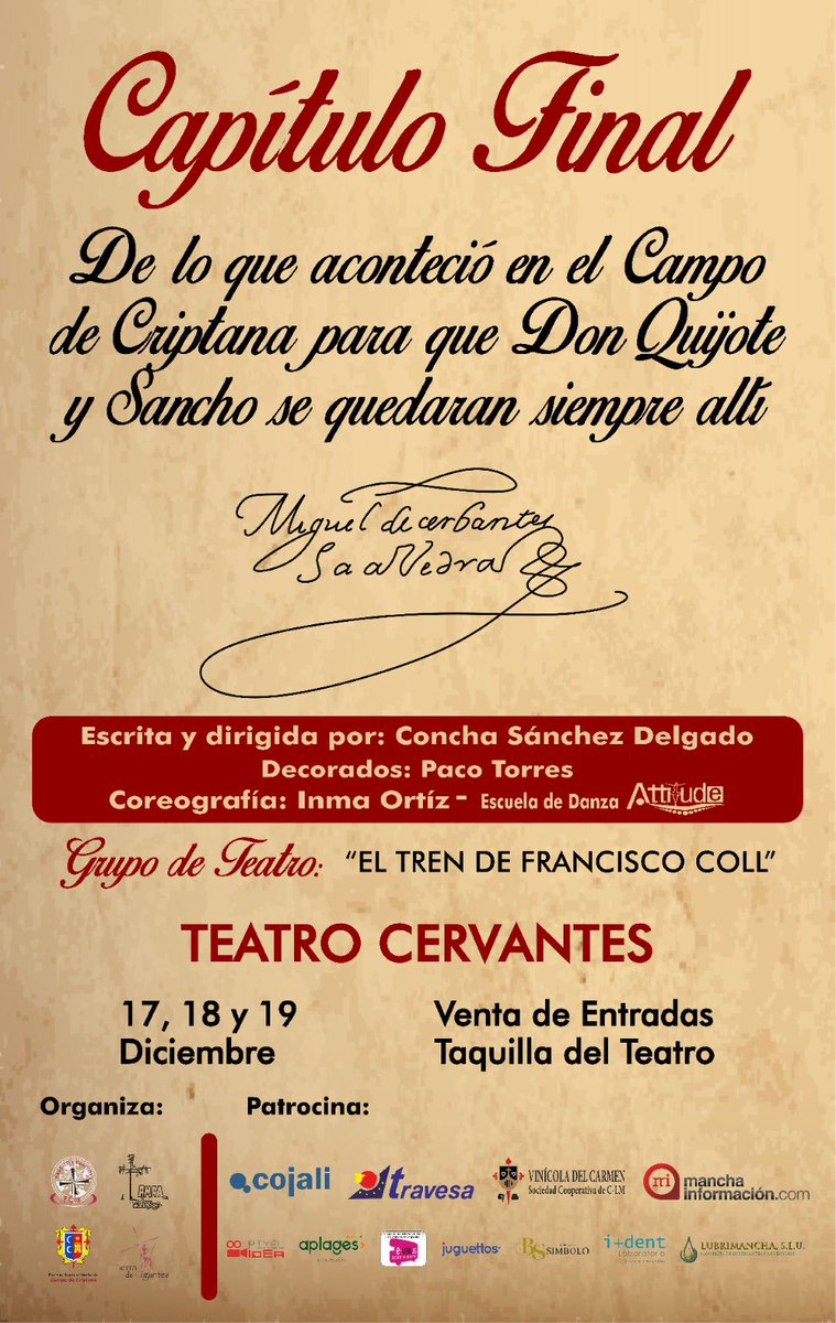 JccjimenezJuan's tweet photo. Puesta en escena de la obra: “De lo que aconteció en el Campo de Criptana para que D. Quijote y Sancho se quedaran siempre allí”; a beneficio del Colegio Ntra. Sra. del Rosario; no te la pierdas !!! https://t.co/Rxw4Ekcr3T