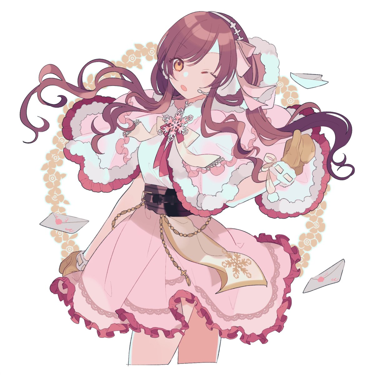 osaki amana 1girl one eye closed solo long hair brown hair gloves capelet  illustration images