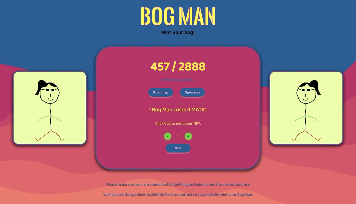 thenftChuck's tweet photo. Bog Man minting Dapp is live on Polygon. 
Mint your Bog Man only for 9 Matic
https://t.co/PtHesIMqiF

@opensea  @0xPolygon @Polygon  #NFT #art #crypto #BogMan #polygon #BTC #NFTs #NFTGame https://t.co/S8Fos6w2U9