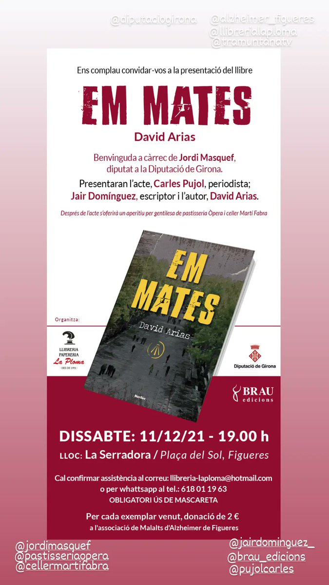 DAriasComamala's tweet photo. Omplim la Serradora?
Doncs confirma assistència a
llibreria-laploma@hotmail.com o al
618011963 (WhatsApp). Aforament limitat.
Si no vens, #emmates.

Amb @sempresaludava, @Pujol_Carles, @jordimasquef i aperitiu a càrrec del Celler Martí Fabra i la pastisseria Òpera. https://t.co/9z4Lbc61q3