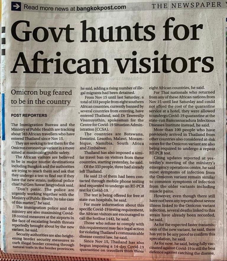 daddyhope's tweet photo. “Government hunts for African visitors,” reports the @BangkokPostNews newspaper from Thailand.

The re-branding of Covid-19 as an African virus is happening right before our eyes a friend said to me.

Sadly, most African leaders are quiet, they are scared of speaking.

Cowards! https://t.co/d4utGRk7uy
