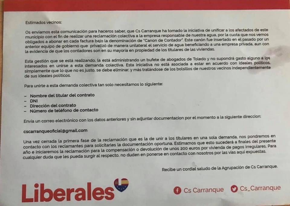 Cs_Carranque's tweet photo. 🚨🚨URGENTE🚨🚨

💦🚿 Después  del corte de agua de ayer, de levantarnos día si y día no sin agua y sin avisarnos de los cortes de suministro, Cs Carranque te anima  a reclamar lo que pagamos de más por “Canon de contador”.

                          ANÍMATE https://t.co/gBqn1xpMmT