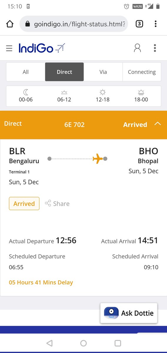 Gaurav1217's tweet photo. @IndiGo6E flight delayed by 9 hours and your flight status is deliberately showing wrong. As per ground staff this flight left Blr just now whereas your flight status shows it arrived in Bhopal 20 minutes back https://t.co/0BnJZNHO2I