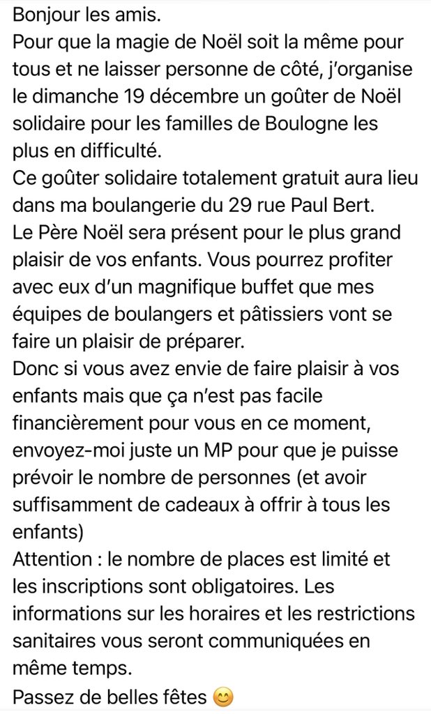 J’organise dans une de mes boulangeries un goûter solidaire que je finance en totalité au profit de familles en difficulté. J’ai acheté des cadeaux à offrir aux enfants mais vu le nombre de familles inscrites si une société pouvait nous offrir des jouets ça serait merveilleux 🙏🏻