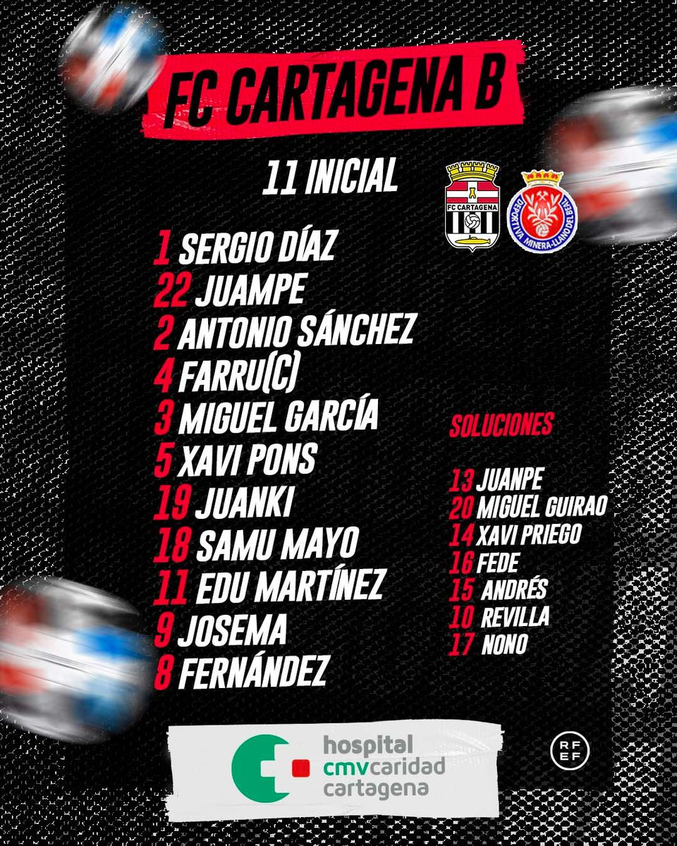 Ya tenemos el 11 inicial del FC Cartagena 'B' para enfrentarse <a href="/DeportivaMinera/">Club Deportiva Minera</a>, a partir de las 12:00h en <a href="/PinatarArena/">Pinatar Arena</a> 

#FCCartagenaBMinera #TerceraRFEF