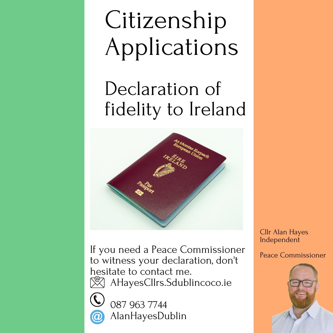 AlanHayesDublin's tweet photo. In recent days I have witnessed a number of statutory declarations for people applying for Irish Citizenship.If you need a #PeaceCommissioner, let me know. This is a FREE service to the community.
Cllr Alan Hayes -Independent
#Lucan #Palmerstown #NorthClondalkin https://t.co/6zTJNL6Y4S