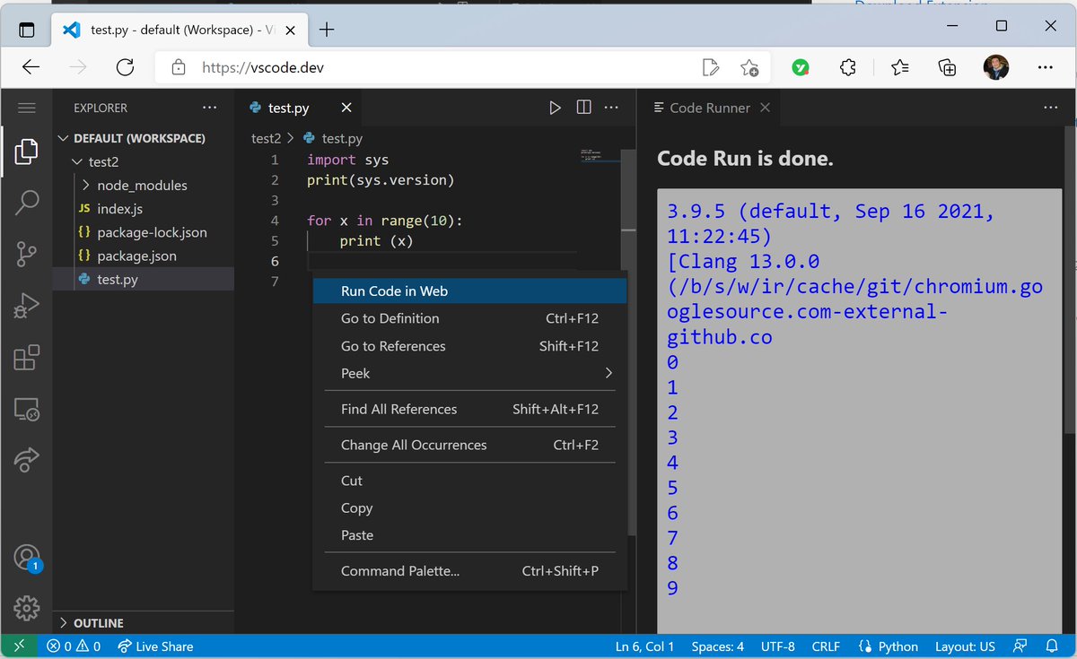 Run Python in vscode.dev and github.dev, purely in browser, without any backend! <a href="/code/">Visual Studio Code</a> <a href="/pythonvscode/">Python Visual Studio Code</a> <a href="/github/">GitHub</a> 
marketplace.visualstudio.com/items?itemName…