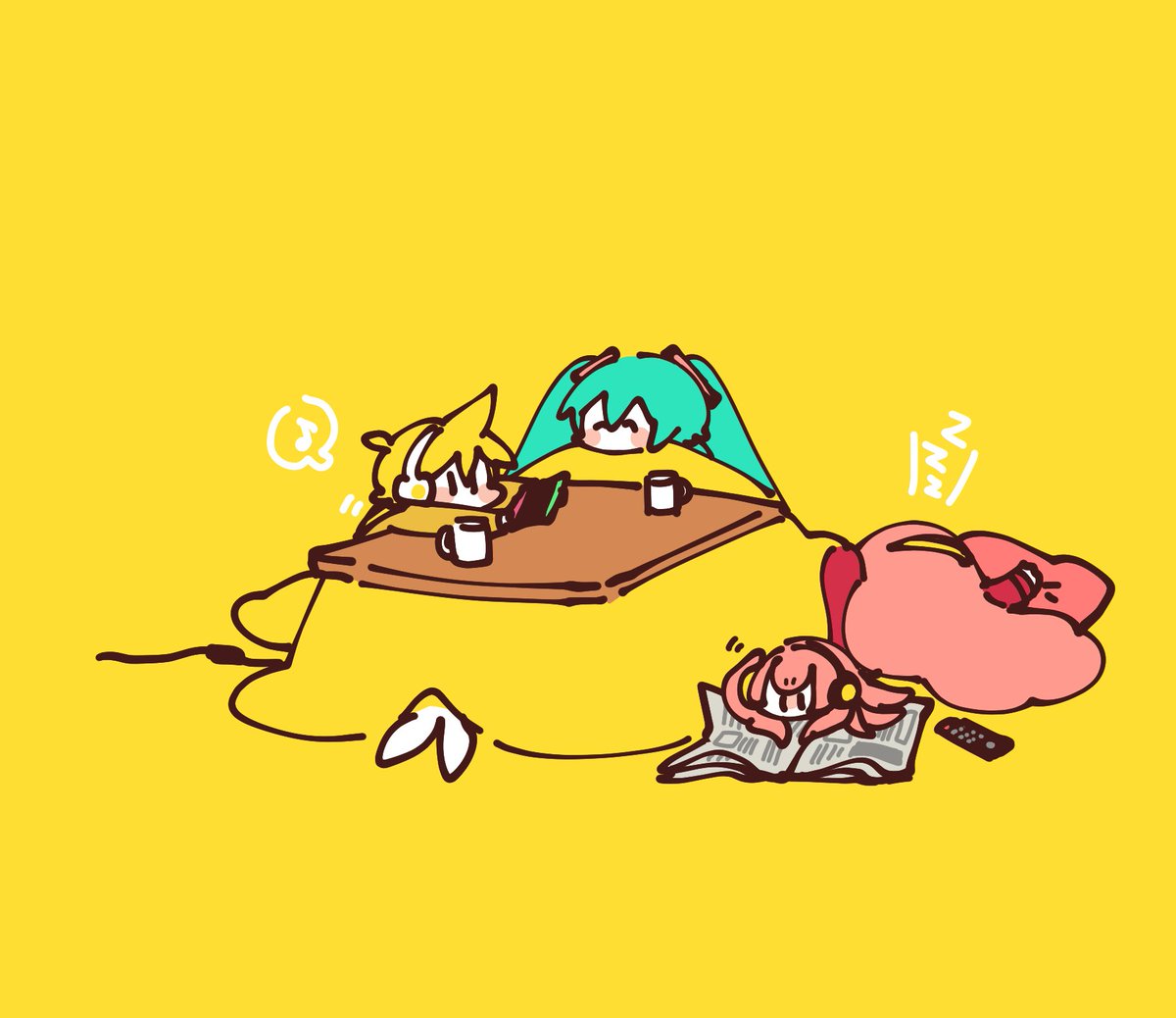 hatsune miku ,kagamine len ,megurine luka ,takoluka kotatsu table yellow background 1boy cup twintails sleeping  illustration images
