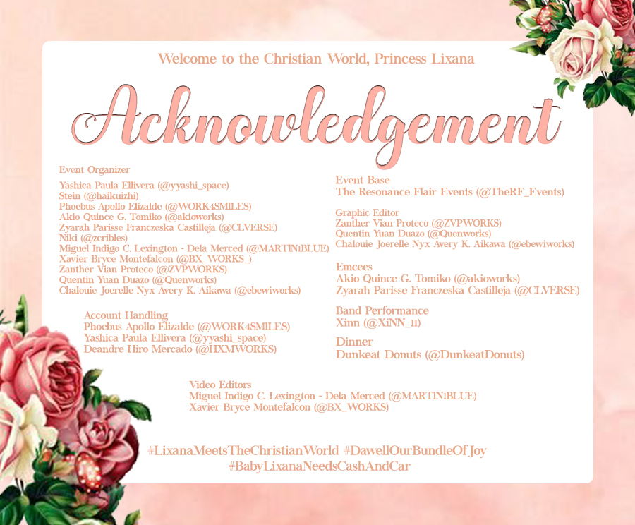 WelcomeLixana's tweet photo. @CLVERSE @akioworks @DunkeatDonuts @xinn11 ㅤㅤ

ㅤ  │❀。❛ WELCOME TO THE CHRISTIAN
      │          WORLD, PRINCESS LIXANA。
      ╰─── ACKNOWLEDGEMENTS ♡。

ㅤ#LixanaMeetsTheChristianWorld
    #DawellOurBundleOfJoy
    #BabyLixanaNeedsCashAndCar
    #ResonatingMemorableEvents

ㅤ https://t.co/Di1CLvlTIC
