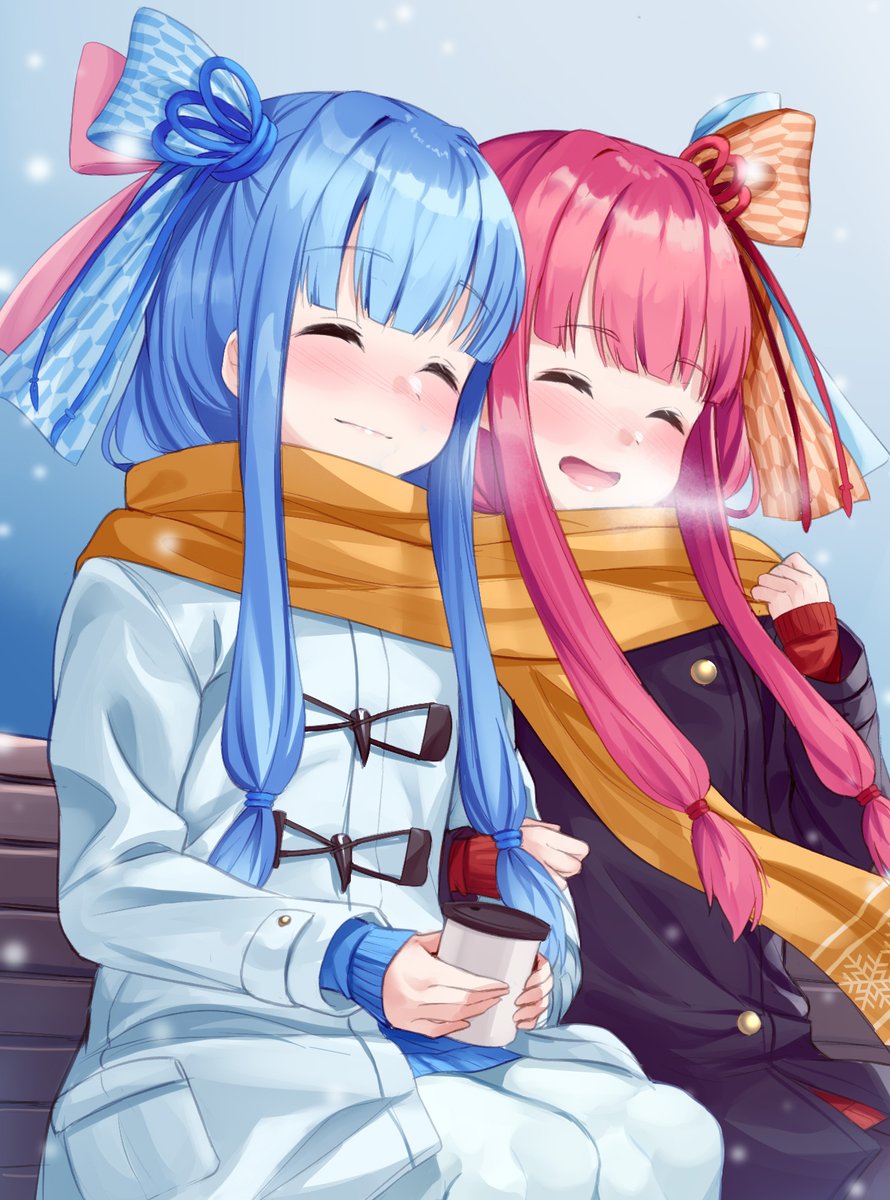 kotonoha akane ,kotonoha aoi sisters siblings multiple girls 2girls blue hair scarf closed eyes  illustration images