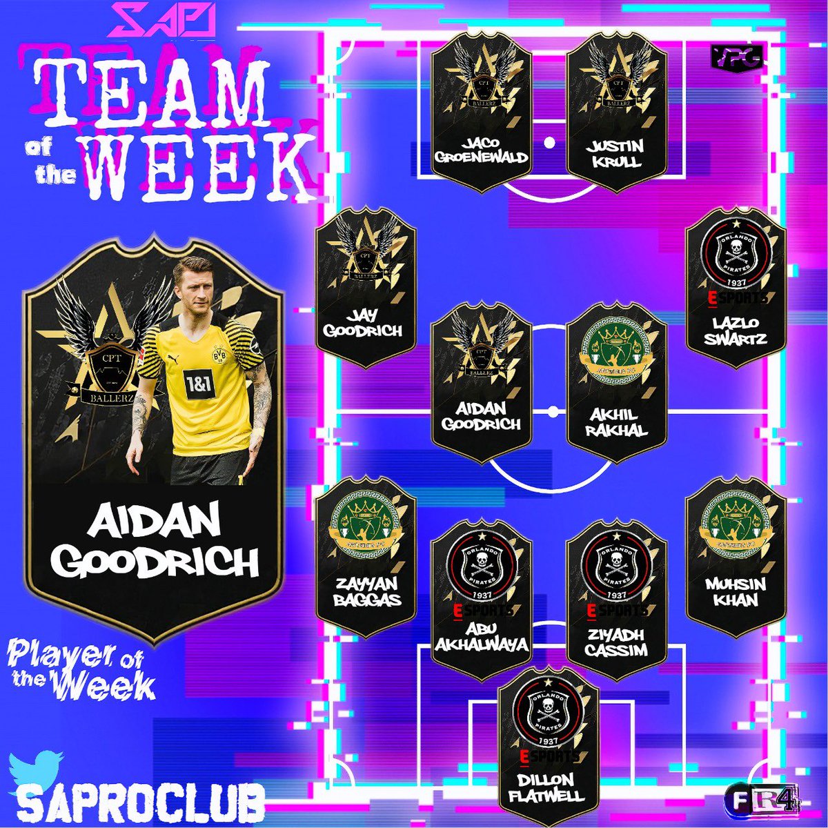 SAProClub's tweet photo. TOTW Announcement:

It’s with great pleasure we can announce our TOTW 4 🔥

Congratulations to everyone who has put in the work and is seeing the result of their grind 👏🏽

Not easy keeping the consistency, keep up the good work as we head towards the final sprint 👀 https://t.co/JSAfF7qcAY
