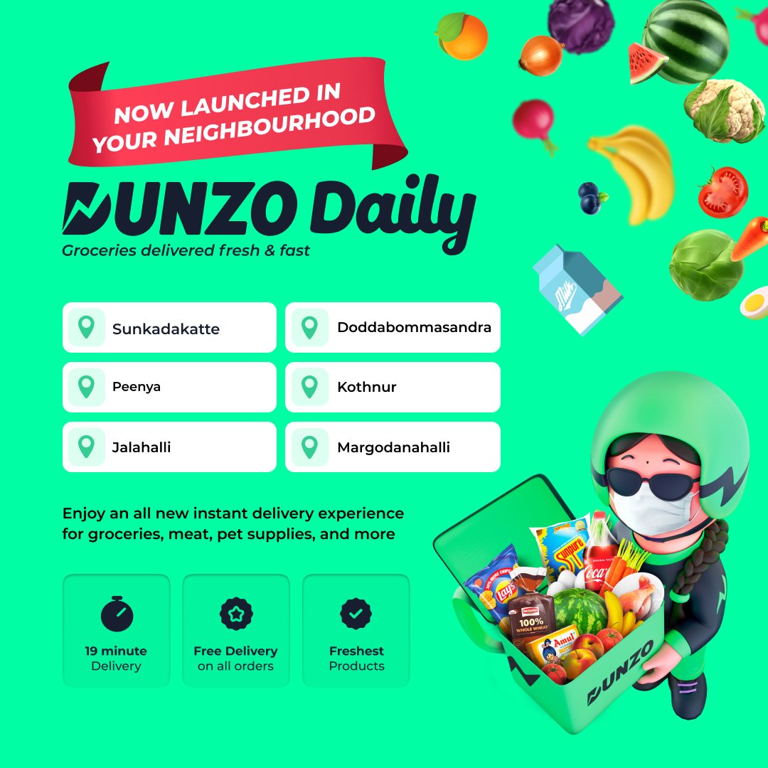 DunzoIt's tweet photo. #Bangalore 
We're going places! #DunzoDaily - an all new 19 min delivery experience for groceries, fruits, veggies, meat, pet supplies and more is now live in #Sunkadakatte #Peenya #Jalahalli #Doddabommasandra #Kothnur and #Margondanahalli https://t.co/SazESElznG