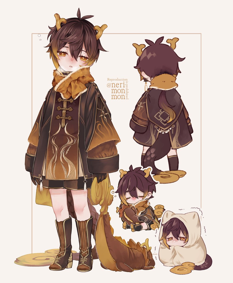 zhongli (genshin impact) 1boy male focus aged down tail male child dragon tail horns  illustration images