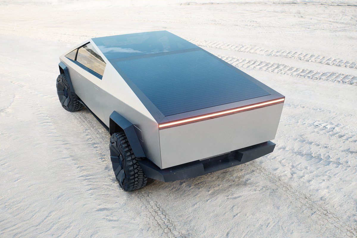 PremVitesse's tweet photo. Elon Musk ha diramato altri dettagli sul #Cybertruck; il pickup di #Tesla avrà una versione ultra performante con quattro motori e ruote posteriori sterzanti che gli permetteranno di muoversi in“Crabmode” (lateralmente), agevolando di molto le manovre. #ElonMusk #pickup #crabmode https://t.co/uY1cQdLMgp